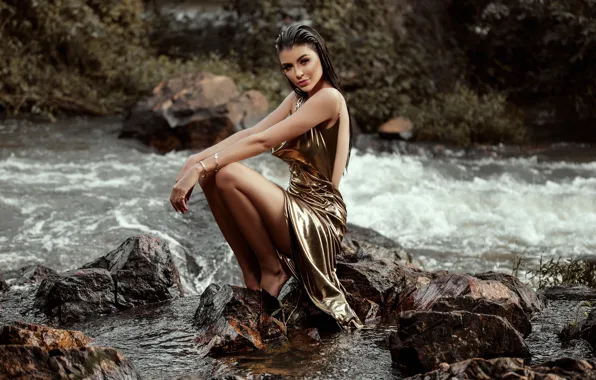 Picture look, decoration, mountain river, boulders, look, evening dress, jewelry, evening dress