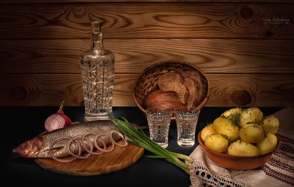 Picture bow, bread, still life, vodka, decanter, potatoes, herring