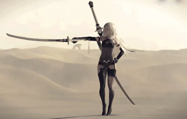 Girl, desert, sword, katana, cyborg, Nier Automata