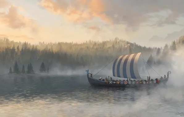Forest, water, boat, warrior, Northern Traders, Jon Pintar