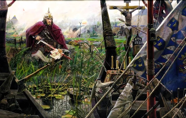 Grass, river, blood, cross, picture, sword, warrior, helmet