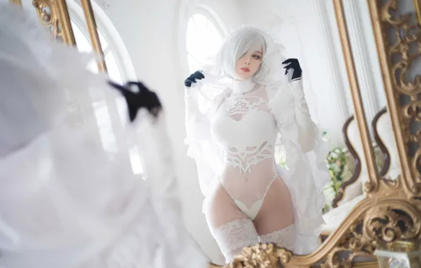 Big Breasts, Nier, cosplay, slim figure, Automata, Sayafox, sexy blonde. mirror