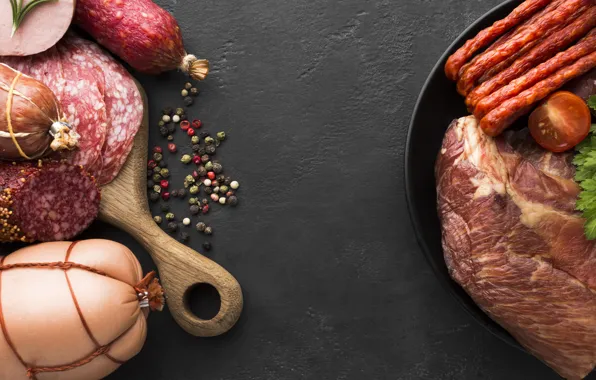 Meat, pepper, grey background, tomatoes, parsley, sausage, cutting, spices