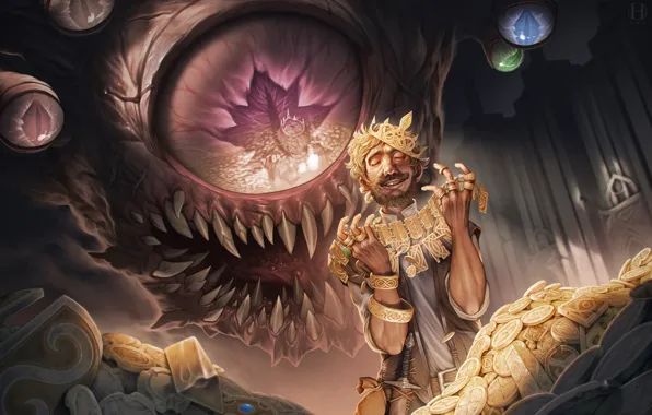 Joy, eyes, gold, people, art, coins, monster, treasure