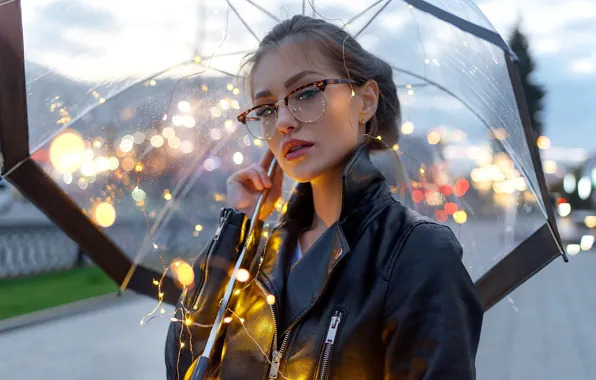 Picture look, girl, face, umbrella, rain, mood, glasses, garland