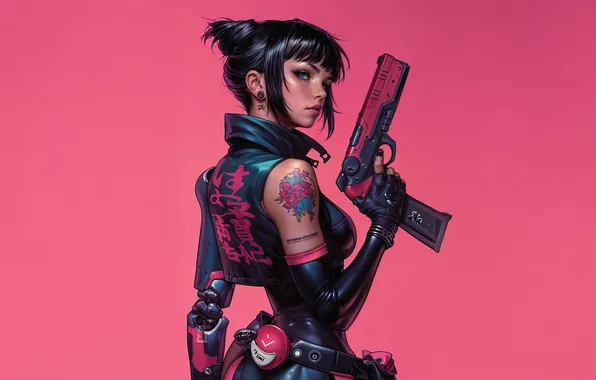 Girl, Gun, Anime, Tattoo, Anime Girl, AI Art, AI Generated