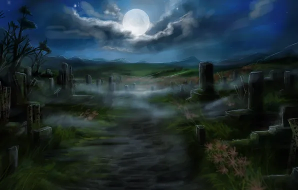 Night, the moon, art, track, cemetery, plate