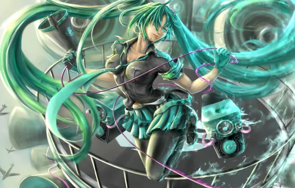 Picture look, girl, smile, aircraft, speakers, vocaloid, hatsune miku, Vocaloid