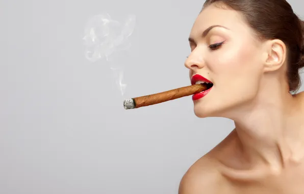 Picture girl, cigar, brown hair, smoke