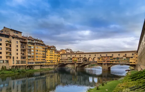 The sky, clouds, bridge, river, Italy, Florence, The Ponte Vecchio, Arno