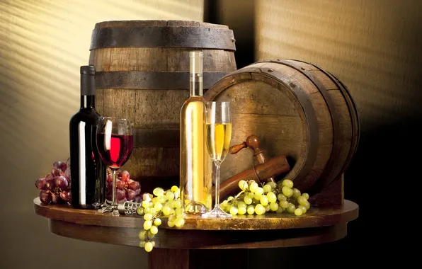Wine, red, white, glasses, grapes, bottle, still life, kegs