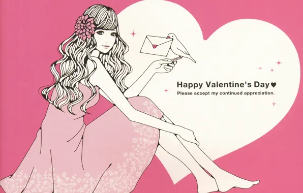Letter, dove, heart, pink background, valentine's day, flower in hair, pink dress, curly hair