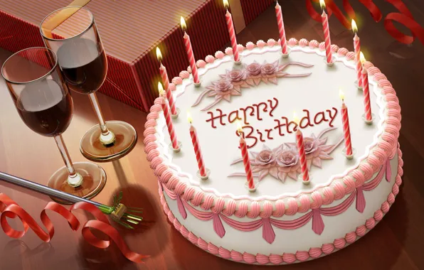 Candles, glasses, cake, Happy Birthday