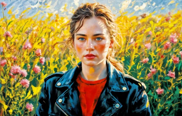 Field, summer, girl, light, flowers, blush, brown hair, jacket