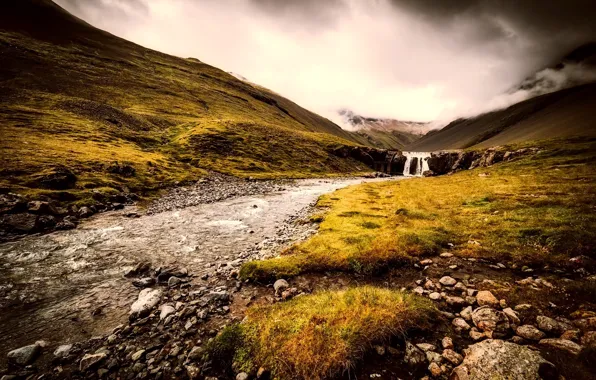 Picture grass, clouds, mountains, stream, stones, waterfall, valley, Iceland