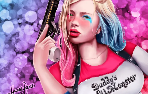 Picture girl, gun, art, comic, Harley Quinn