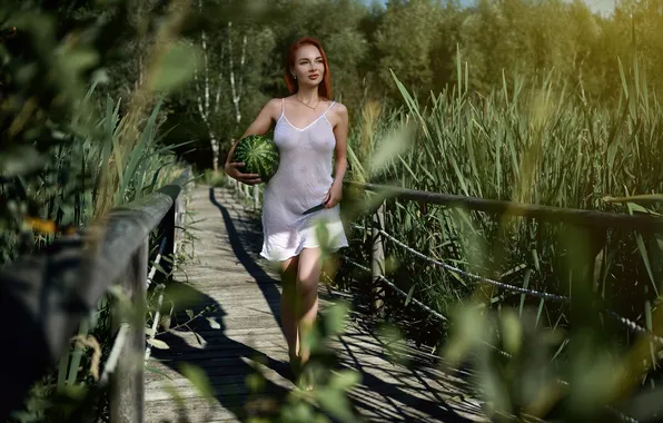 Forest, grass, girl, bridge, watermelon, red, nymph, Vladimir Romanovsky