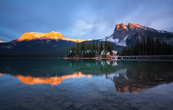 Forest, clouds, light, mountains, lake, reflection, blue, shore