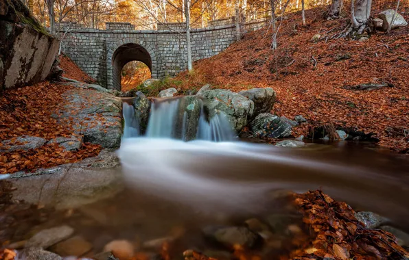Autumn, bridge, stones, waterfall, arch