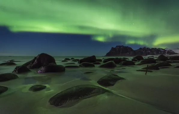 The sky, night, stones, rocks, shore, Northern lights, pond, boulders