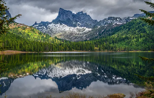 Forest, mountains, lake, reflection, Russia, Krasnoyarsk Krai, Western Sayan, lake Light