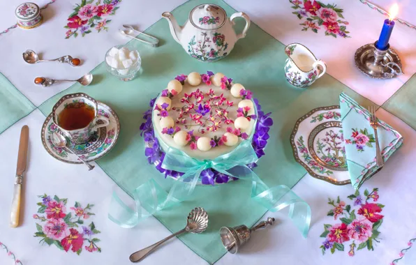 Flowers, style, tea, candle, plate, Easter, knife, mug