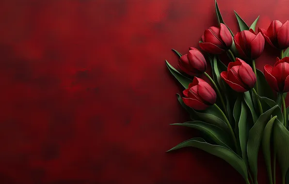 Leaves, flowers, holiday, bouquet, spring, tulips, red, buds