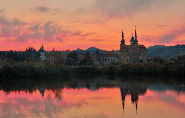 Sunset, lake, hills, temple, Basilica, Czech Republic, Velehrad, Basilica of Virgin Mary’s Ascension