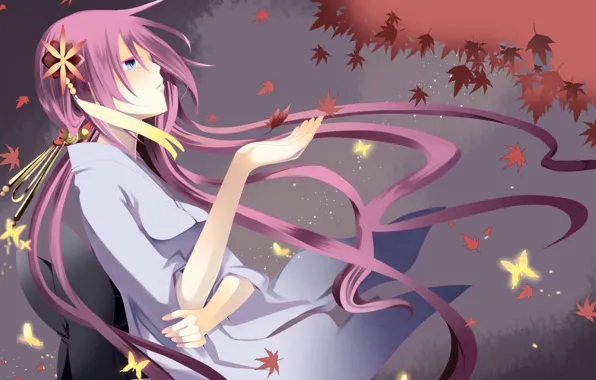 Autumn, butterfly, hairstyle, grey background, vocaloid, Vocaloid, maple leaves, pink hair