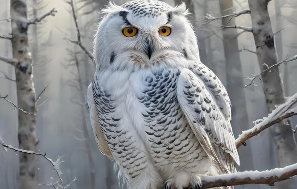 Winter, forest, look, snow, trees, nature, fog, owl