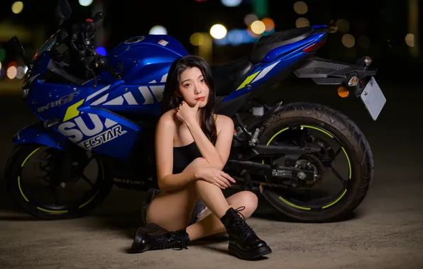 Suzuki, Asian, long hair, motorcycle, model, women, sitting, dark hair