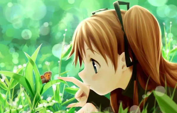 Summer, grass, butterfly, anime, girl
