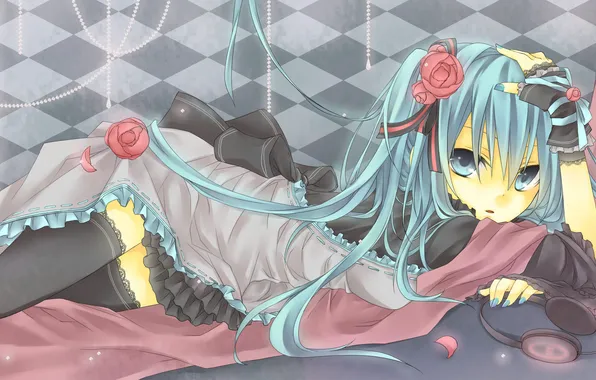 Girl, roses, petals, headphones, dress, lies, beads, vocaloid