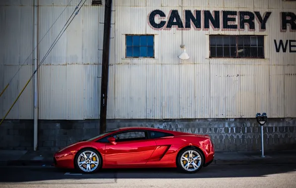 Picture red, wall, the inscription, the building, profile, red, gallardo, lamborghini