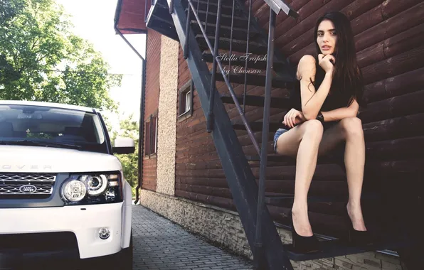 Picture auto, girl, brunette, ladder, land rover
