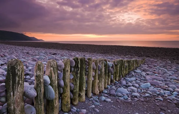Sea, pebbles, stones, shore, piles