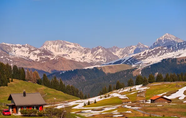 Snow, trees, mountains, Switzerland, houses, Sunny, forest, meadows