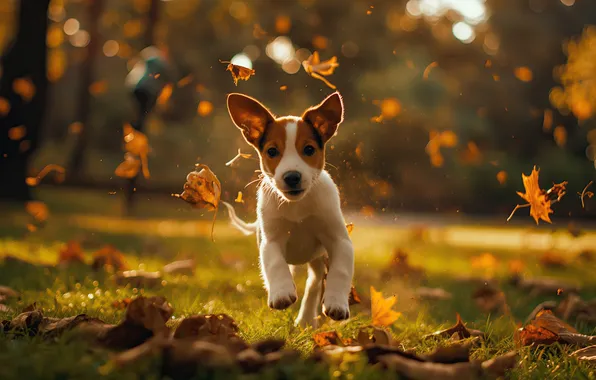 Puppy, dog, leaves, running