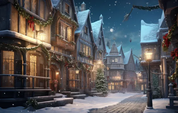 Winter, snow, the city, house, building, home, Christmas, New year