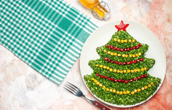 Greens, star, oil, food, towel, corn, bow, plate