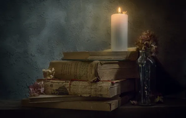 Wall, flame, books, bottle, candle, old, stack, twilight