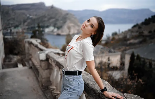 Wallpaper girl, landscape, jeans, brunette, t-shirt, MARTIN LUMET