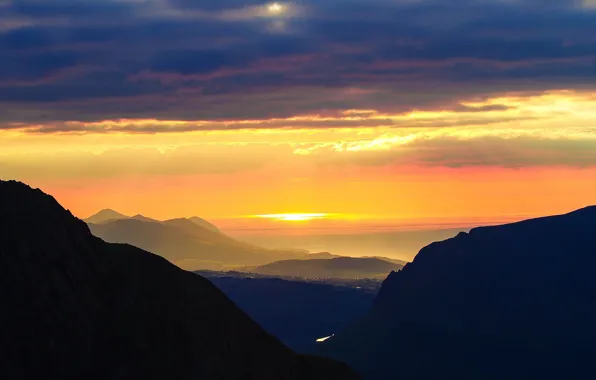 The sky, color, the sun, clouds, light, landscape, sunset, mountains