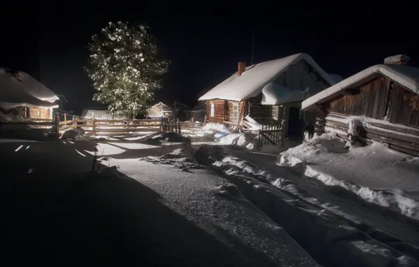 Picture winter, snow, landscape, night, home, village, the fence, shadows