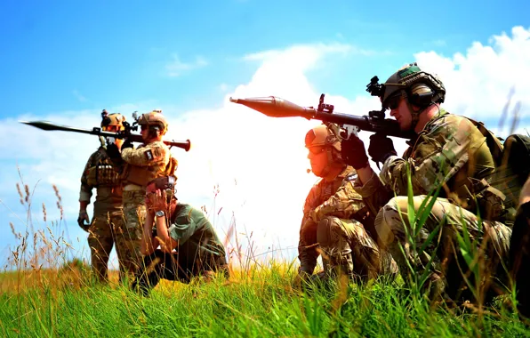 Field, the sky, weapons, Soldiers, RPG, Bazooka