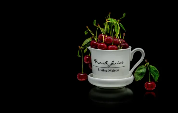 Cherry, reflection, berries, mug, Cup, red, white, leaves