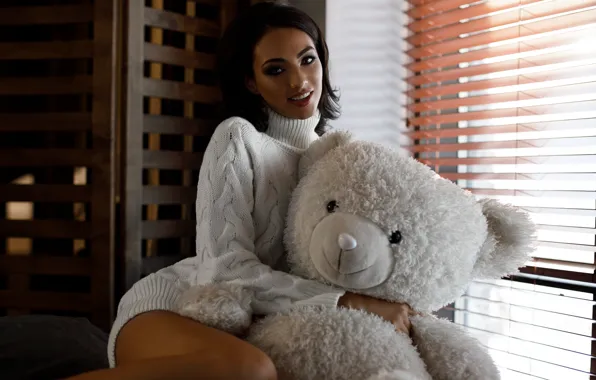 Picture look, smile, toy, Girl, bear, brunette, window, sweater