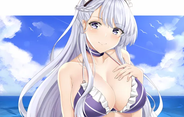 Girl, sexy, cleavage, sky, long hair, sea, boobs, anime
