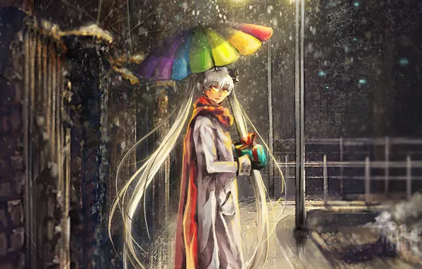 Girl, snow, the city, gift, street, rainbow, umbrella, art