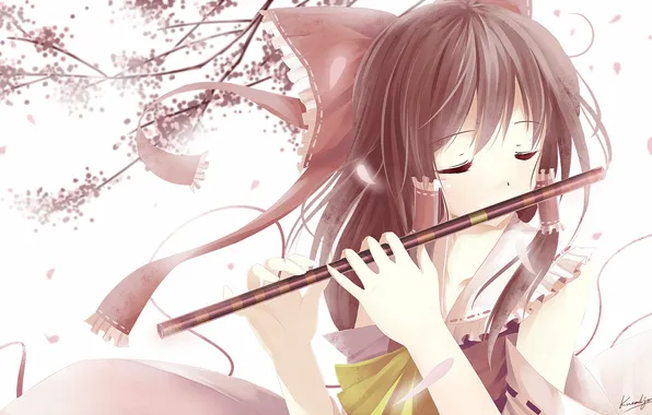 Picture spring, anime, Sakura, girl, flute